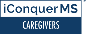 Horizontal iConquerMS Caregivers logo in gray and blue