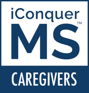 Vertical iConquerMS Caregivers logo in gray and blue