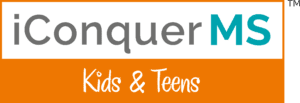 Horizontal iConquerMS Kids and Teens logo in gray, teal and orange