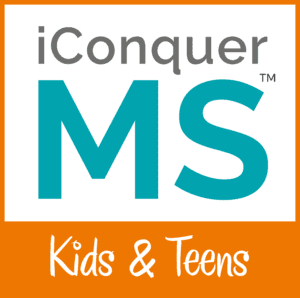 Vertical iConquerMS Kids and Teens logo in gray, teal and orange