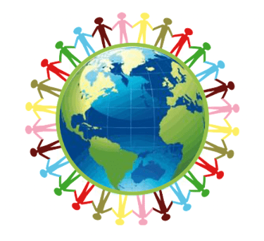Globe with cutout figures holding hands around the globe