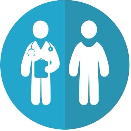 blue circle with white images of person and doctor