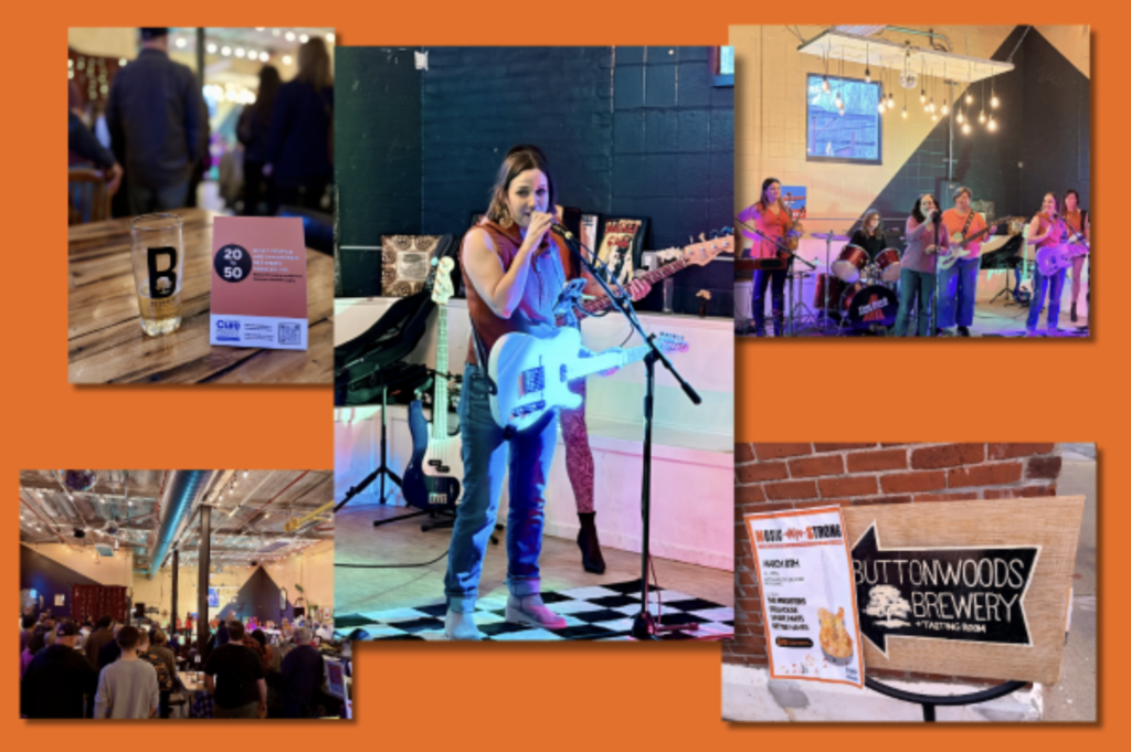 A photo collage from the event: the bands performing, signage, the standing-room-only crowd.