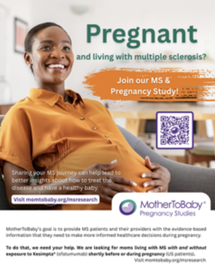 Flyer for pregnancy study, with a pregnant woman wearing an orange blouse holding her belly.