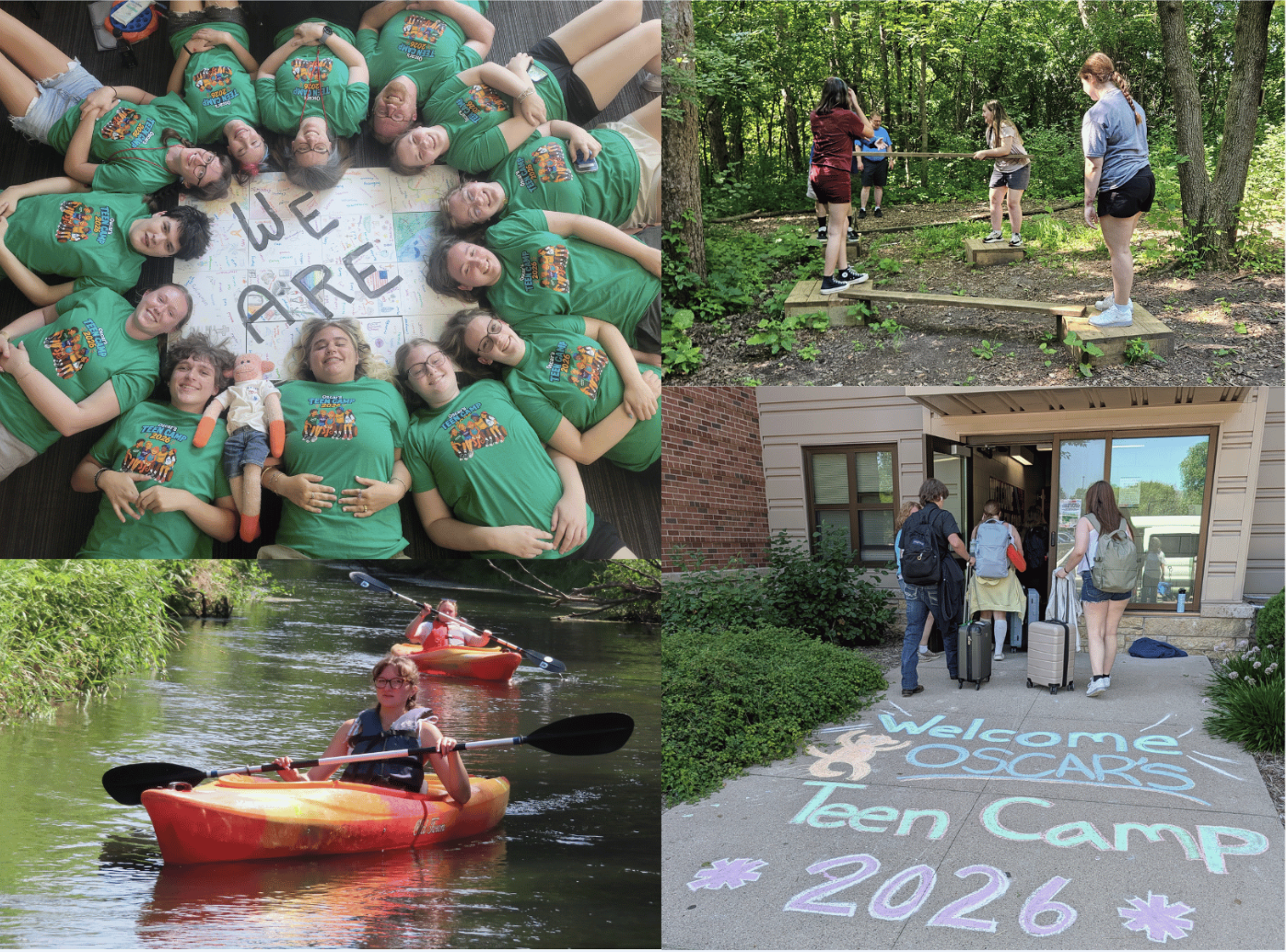 Collage of photos of teens at summer camp: kayaking, walking into the dorms, doing a trust activity in the woods, lying in a circle with matching camp shirts