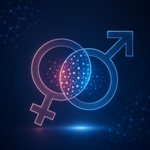 Graphic of female and male signs intertwined.