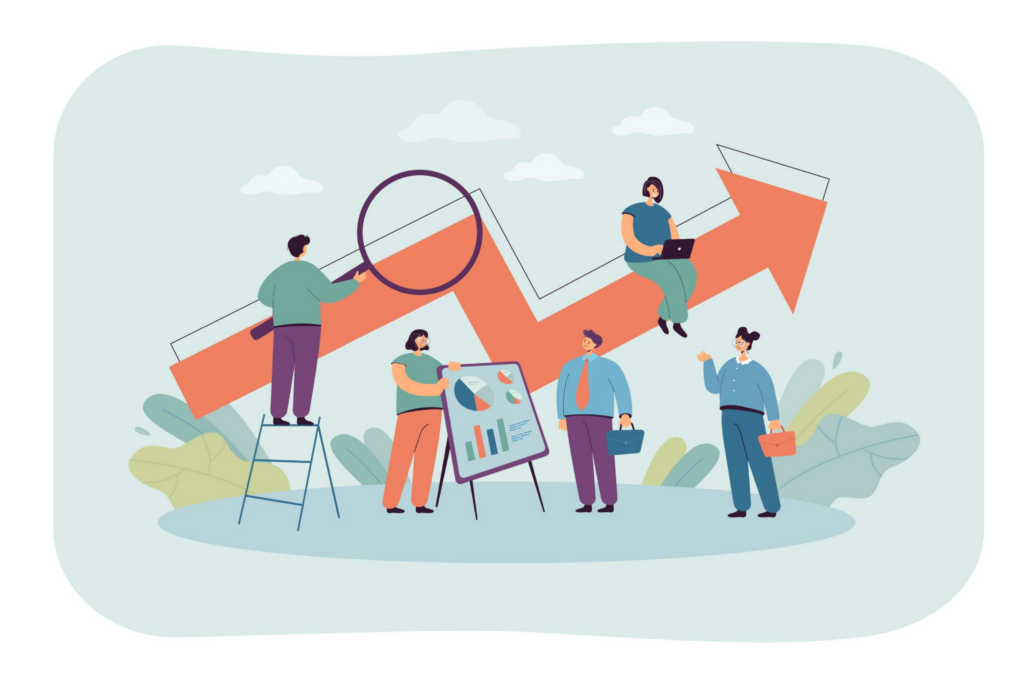 illustration of a large group of people analyzing a growing trend of data and charts