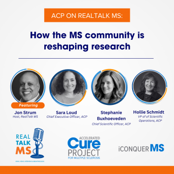 Promotional ad of RealTalk MS podcast, featuring senior staff from ACP